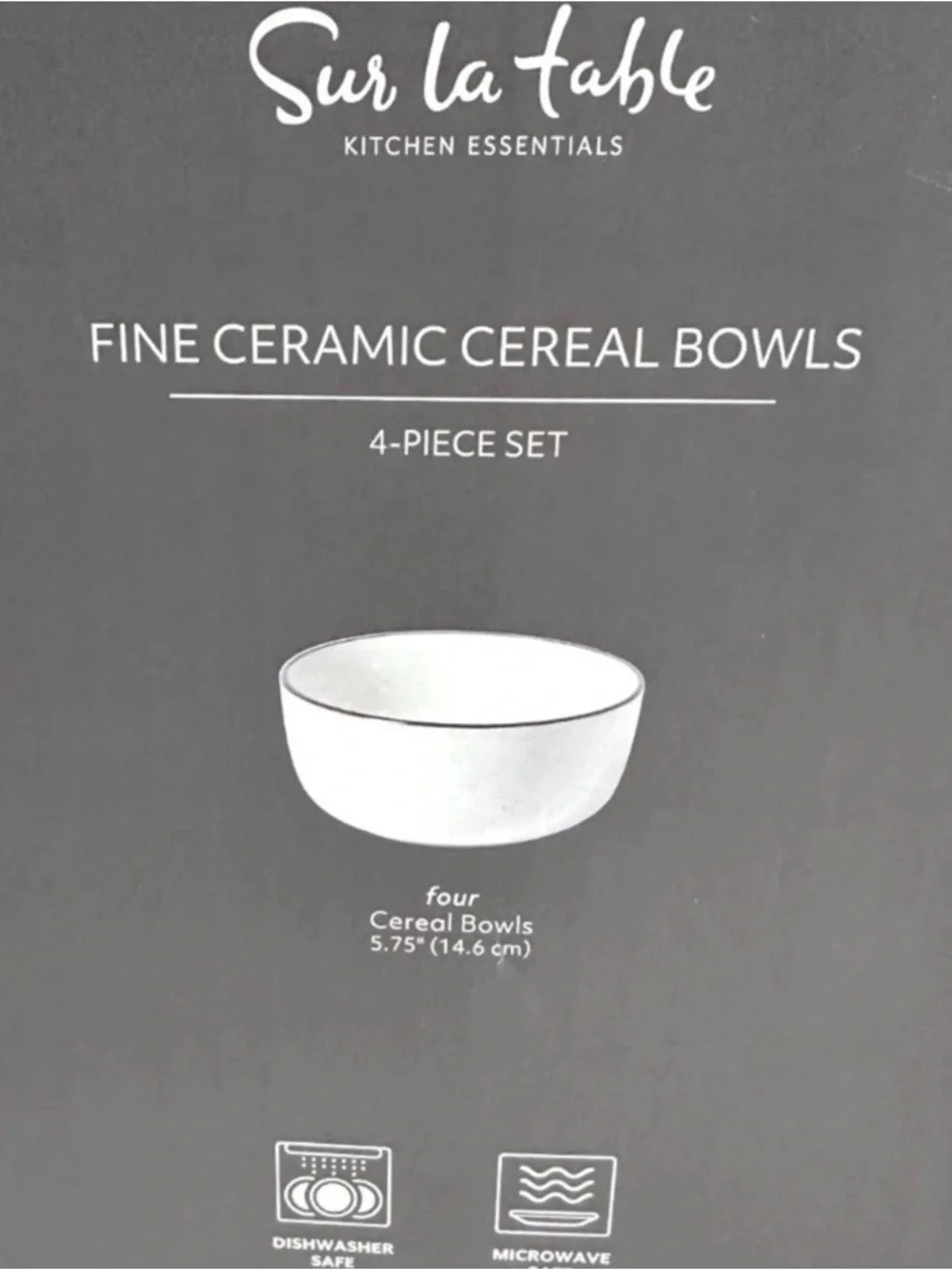 4 Sur La Table Fine Ceramic 5.75” Cereal Bowls White / Black Rim Set of 4 New